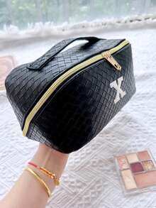 1个PU皮革化妆收纳包，字母图案，防水便携，AB水钻，仿珍珠字母拉链设计，新娘化妆包，化妆包，洗漱包，收纳袋，简约风格，可定制贴纸，旅行化妆包，女士浴室洗漱包（字母A~Z），送给妈妈的礼物，沙滩包，返校必备 - 彩色 - 查看 5