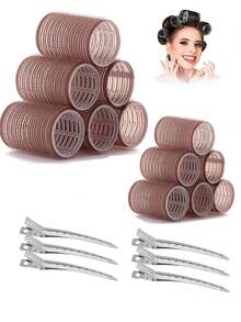 Bộ 18 lô cuốn tóc cỡ lớn kèm kẹp, máy uốn tóc tự kẹp phù hợp với tóc dài/trung bình/ngắn và tóc mái, dụng cụ uốn tóc tự làm (Bao gồm 12 ống lô cuốn lớn + 6 kẹp) - Cà phê - Xem 9