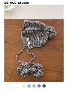 Mehrfarbige Bommel Gestrickte Beanie Mütze, Damen Winter Warm Winddicht Ohrenklappe Kapuze, Süße Handgemachte Bommel Strick Kappe, Herbst/Winter Warm Ohrenabdeckung Beanies mit Schnüren - Verschiedenfarbig - Übersicht 2