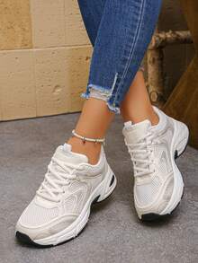 女士户外学院风休闲运动鞋，厚底运动鞋，步行鞋，舒适透气系带运动鞋，银色和米色撞色网布和皮革拼接，防滑耐穿，适合学生穿着 - 米色 - 查看 4