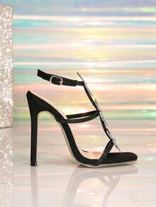 优雅女士高跟鞋，性感超高跟凉鞋，黑色派对晚宴凉鞋，水晶装饰凉鞋，春夏装扮 - 黑色 - 查看 6