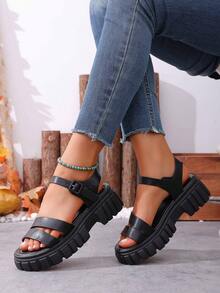 Giày sandal đế dày đế xuồng quai khóa PU thanh lịch cho nữ, màu trơn, thiết kế thoải mái khi đi chơi ngoài trời, xuân/hè - màu đen - Xem 6
