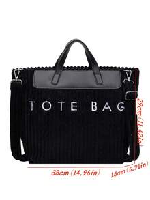 Bolso de mano de mujer de pana de unicolor con gran capacidad y parches - Negro - Ver 11