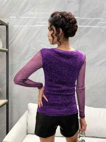 Áo thun lưới dài tay bóng thanh lịch dành cho nữ, dáng rộng, đa năng, thích hợp mặc khi đi làm và cho các bà mẹ, mùa thu/đông - Màu tím - Xem 2