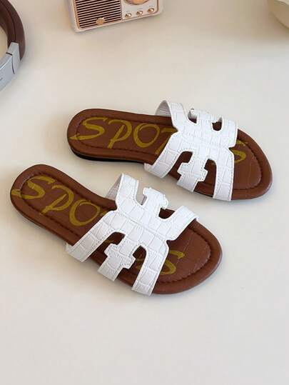 1 par de sandalias de diapositiva de punta abierta cómodas y casuales con diseño en H y adornos de cocodrilo falso blanco para niños, zapatos de moda y versátiles para niñas para uso diario/playa de verano