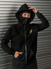 女士宽松长款拉链连帽卫衣，适合秋季、冬季、万圣节、圣诞节等场合，时尚百搭，适合户外穿着。 - 黑色 - 查看 5