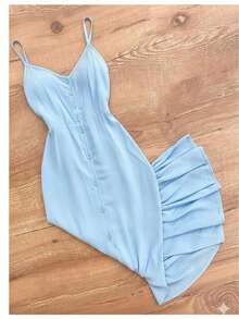Long Dress In Viscose Linen, Plain, With Thin Straps, Buttons Down The Front, Padded Cups And Lining. Elasticated Back. - Baby Blue - View 6