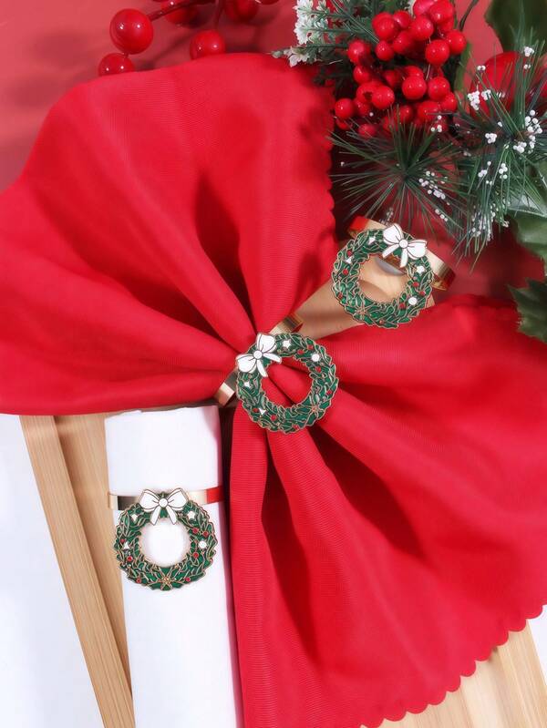 2-12pcs Christmas Wreath Napkin Rings, Crafted With Exquisite Enamel Technique, Made Of High-Quality Alloy Material, Paired With Soft Christmas Napkins, Reusable And Washable, Suitable For Weddings, Birthdays, Banquets, Holiday Outdoor Parties, Daily Table Decor, Elegant Christmas Celebration Accessories