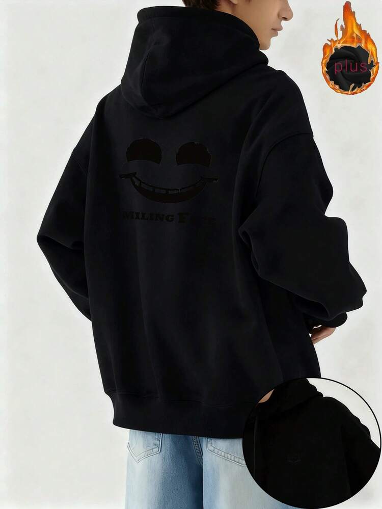 2025 Sudadera con Capucha de Forro Polar de Ajuste Holgado para Hombre Otoño Invierno Nuevo Estilo Coreano  Ins Casual Versátil Cálido de Manga Larga Top Juvenil Estudiante Impresión de Cara Sonriente Chaqueta Pullover - Blanco - Añade 7
