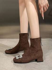Qiluyuan Women's Fashion Boots, New Luxury Rhinestone Buckle Decor Square Toe Mid Heel Thick Heel Office Boots, Elastic Slim Fit Ankle Boots For Holiday Events, Dates - Coffee Brown - View 5