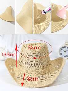 1pc Rope Decor Solid Hollow Out Straw Hat, Casual Colorblocked Windproof Cowgirl Hat, Beach Hat Outdoor - Beige - View 3