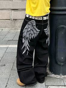 1条Infinite Jeans复古印花宽松休闲阔腿牛仔裤，舒适百搭，不含腰带或配饰 - 黑色 - 查看 6