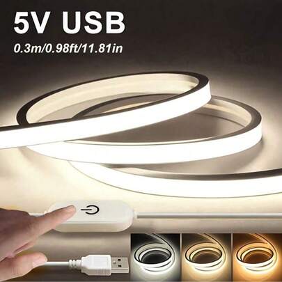 1pc USB Neon Light Strip, Touch Control Switch, 5V COB Flexible Rope Light, 320 LEDs/M, Bright Yet Non-Glaring, Suitable For Recessed/Surface Mount, With Clips & Adhesive Backing, Ideal For Ambient Lighting, Fashionable Illumination, High Brightness, Durable LED, Gamer Gear, Holiday Decor For Halloween, Christmas, Ramadan, New Year, Etc.
