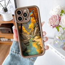 Cubierta de telefono con borde negro diseño paisaje otonal rio entre montanas hojas amarillas y verdes para uso diario y viajes - Negro - Ver 5