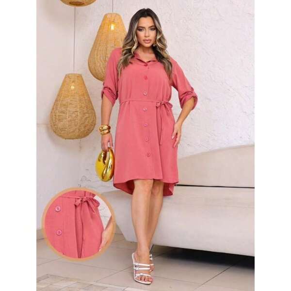 Vestido Chemise Manga Ajustável Com Botões e Cinto Chamise