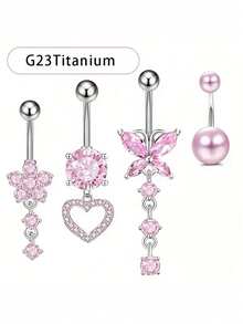 4pcs G23 Titanium Navel Rings Set, Cubic Zirconia Heart, Butterfly & Flower Shaped Navel Rings/Studs, Suitable For Women's Daily Wear - 4-piece Set - View 15