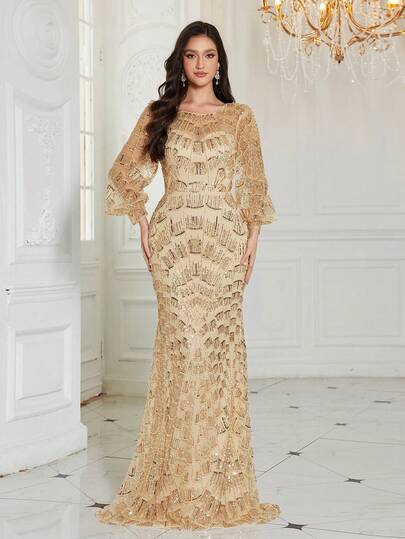  UNITHORSE Women's [Random Cut] Round-Neck Lantern Sleeve Extravagant Sparkling Beaded Sequin Beaded Formal Dresses & Evening Gowns Dress Perfect For Weddings Graduation Dresses Party Dresses Award Ceremonies