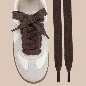 1双时尚扁平鞋带，1.7厘米/0.67英寸宽，纯色复古风格扁平弹力鞋带