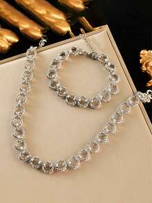 New Stainless Steel Geometric Circle Design Fashion Personalized Hipster Necklace & Bracelet Set For Women, Suitable For Gifts And Daily Wear - Yellow Gold - View 11