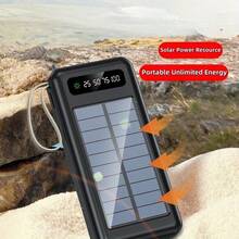 快充整合線便攜式電源 10000mAh 5W 慢充多功能太陽能板行動電源，大容量可充電便攜式手機充電器，內建 4 合 1 可拆卸線，4 種模式超亮手電筒，戶外旅行必備電池組，隱藏式手機支架，陣亡將士紀念日，畢業季 - 白色 - 查看 4