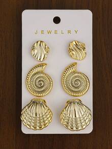 3-12 Pairs/Set Fashionable Minimalist Design, Summer Vacation Style Starfish, Shell, Conch Multi-Element Earrings, Girls Daily Wear, Christmas And Valentine's Day Gifts - #4 Gold - View 3