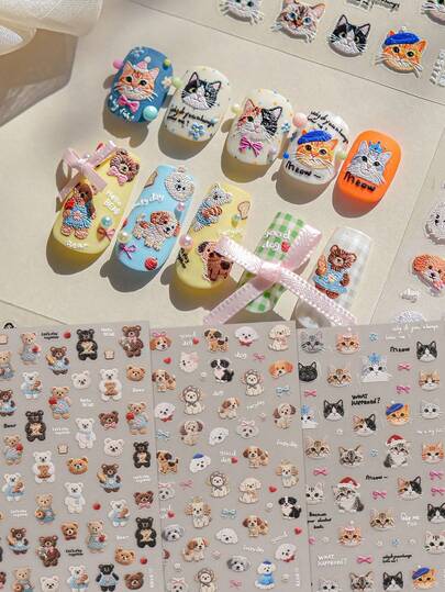 3pcs Cute Cartoon Embroidered Kittens, Dogs And Bears Embossed Nail Art Stickers - Exquisite Nail Art Decals, Easy To Apply Nail Decoration, DIY, Gifts, Party Makeup, Art Stickers