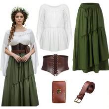4 Pcs Women Renaissance Costume Halloween Medieval Victorian Blouse Tops Long Skirt Cosplay Outfits - 綠色+大號 - 查看 1