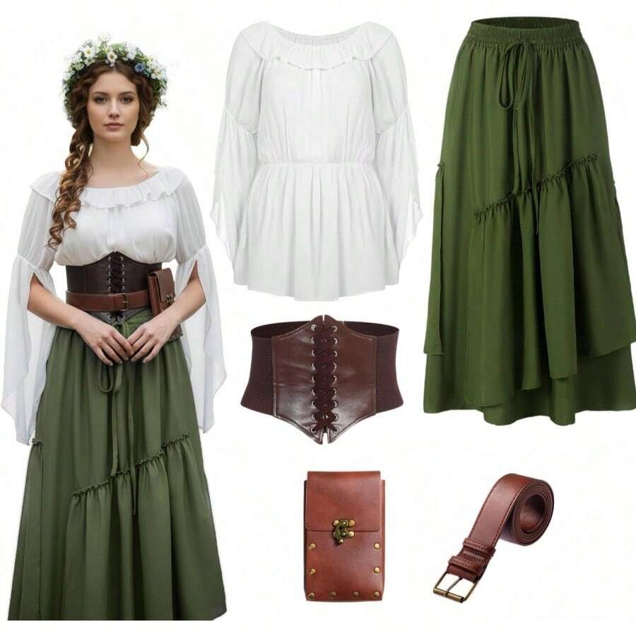 4 Pcs Women Renaissance Costume Halloween Medieval Victorian Blouse Tops Long Skirt Cosplay Outfits - 綠色+大號 - 查看 1