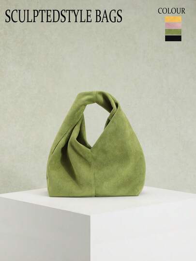 1pc Autumn/Winter New Green Retro Velvet-Feel PU Leather Handbag, Sculptured Style, Minimalist Design, Suitable For Commuting And Pairing With Coats