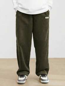 1件青少年男童宽松休闲运动纯色百搭灯芯绒直筒裤 - 軍綠色 - 查看 2