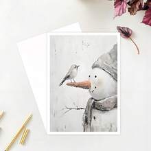 1张冬季主题雪人和鸟儿卡片，雪人圣诞卡片，独特圣诞卡片，圣诞礼物，送给特别的人的圣诞礼物 - 彩色 - 查看 3