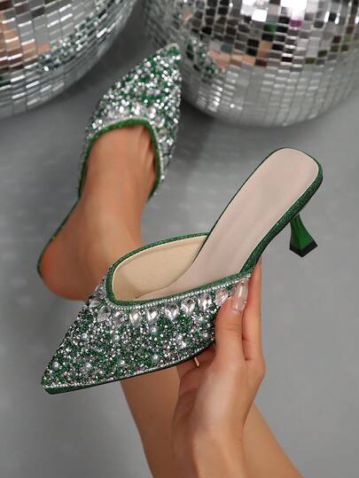 French Pointed Toe Rhinestone Decor Slip-On Casual Minimalist Chic Fashion Sexy Women's High Heels, Suitable For Dates, Commuting, Travel