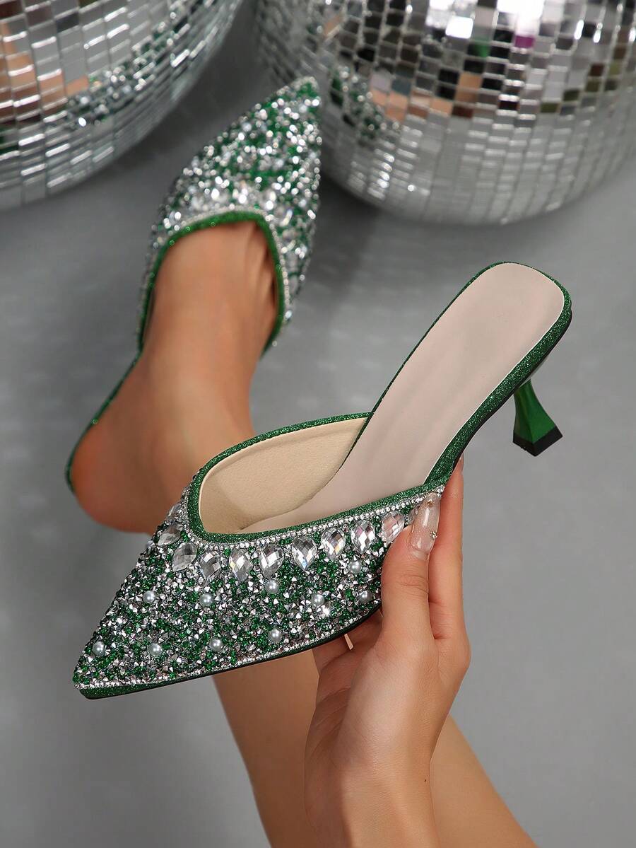 Tacones altos de mujer con puntera francesa, decorados con rhinestones, de estilo minimalista y elegante, apropiados para citas, ir al trabajo y viajes - Verde - Ver 1