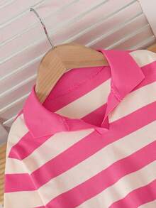 Young Girls Striped Polo Collar Long Sleeve Top + Casual Flare Pants Set - Hot Pink - View 6