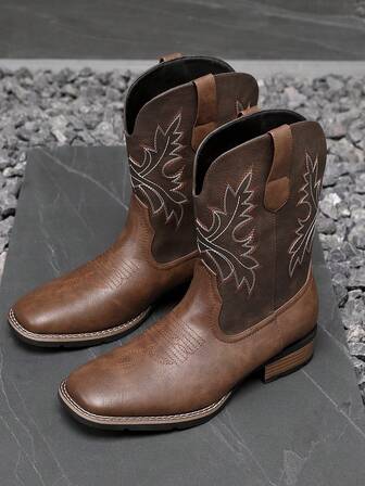 Men's Cowboy Boots, Western Boots, Square Toe High Heel Pull-On Fashion Embroidered Ankle Boots, Suitable For Spring And Autumn