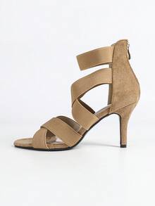 女士高跟凉鞋，卡其色女士高跟凉鞋，弹性交叉绑带罗马凉鞋，弹性后拉链罗马凉鞋，春夏穿搭 - 卡其色 - 查看 5