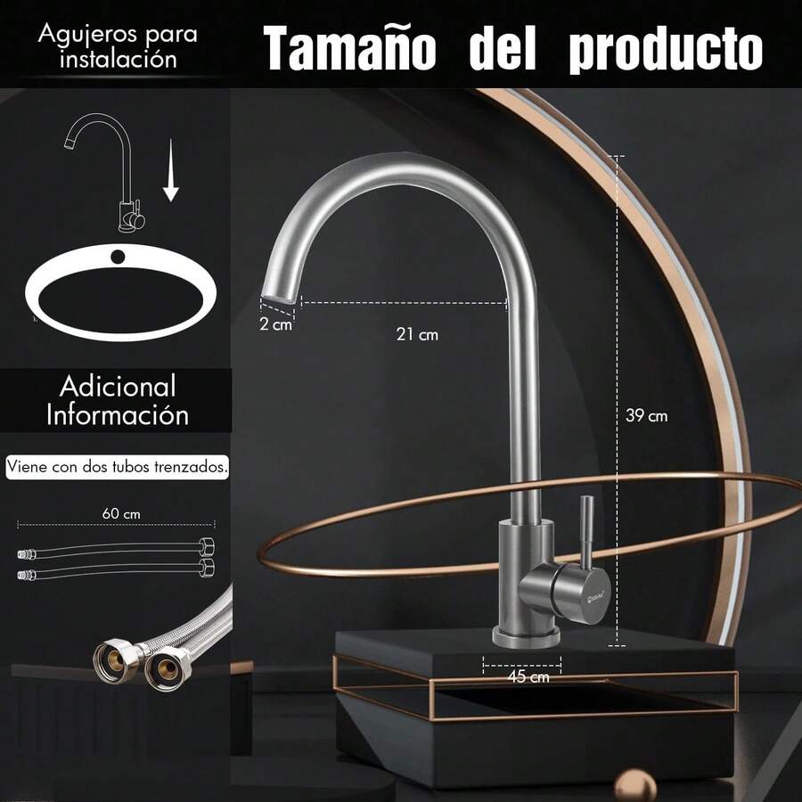 Grifo de Cocina, Mezcladora para Fregadero de Acero Inoxidable 304, Grifo Moderno de 360 ° Giratorio, Grifo Monomando para Cocina para Agua Caliente y Fría, Acabado Níquel Cepillado, CV-10020 - Níquel Cepillado 1 - Ver 1
