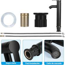 Monomando para Lavabo de Baño,VAGALBOX Grifo de Baño de un Orificio, Grifos de Cocina Grifo, Llave para Lavabo de Baño Agua Caliente y Fría Grifo con 2 Manguera - Negro - Ver 9