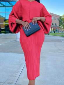 Women's Pleated Batwing Sleeve Dress - V-Neck Solid Color, Comfortable Fabric, Suitable For Daily, Casual, Office & Formal Dinner Occasions, One Size (Up To XXL) - Màu Hồng  Dưa hấu - Xem 2