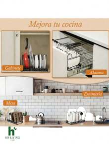 Escurridor de platos de cocina, organizador retráctil para platos, sartenes y ollas, estante organizador de tapa para gabinete, soporte multifuncional de metal con 10 compartimentos ajustables - Negro - Ver 3