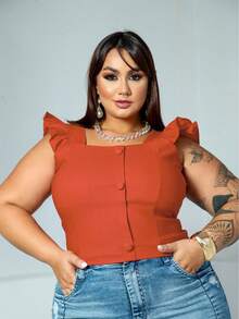 Women's Summer Plus Size Cropped Blouse With Ruffled Sleeves, Button Detail, Back Zipper, Curve Look, Sizes 44 To 54 - Terracotta - View 1