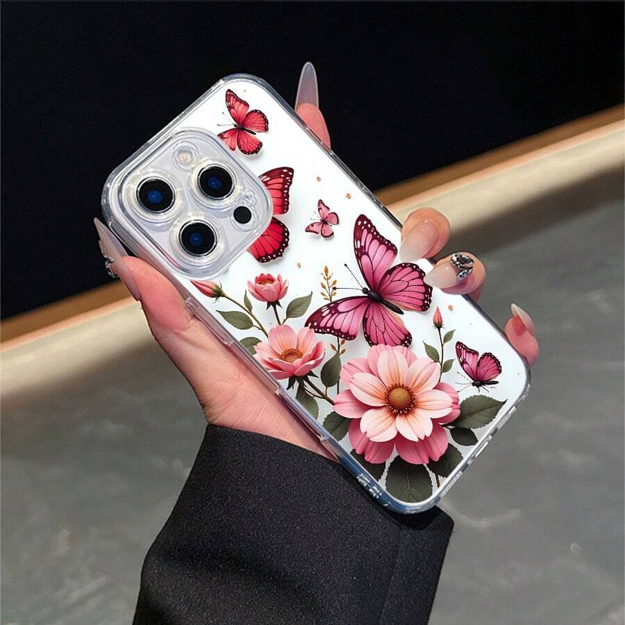 CLEAR CASE Pink Butterflies And Flowers With A White BackgroundCompatible With 11 To 17 Models The Cases Lens Protection Function Ensures The Camera Remains Undamaged During Shooting Guaranteeing Image Quality - Clear - View 1