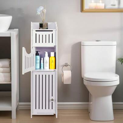 PowerKing Gabinete de Almacenamiento para Baño, Porta Papel Higiénico, Mueble de Esquina Delgado con Puertas y Estantes Ajustables, Organizador de Piso para Baño Pequeño, Cocina, Blanco
