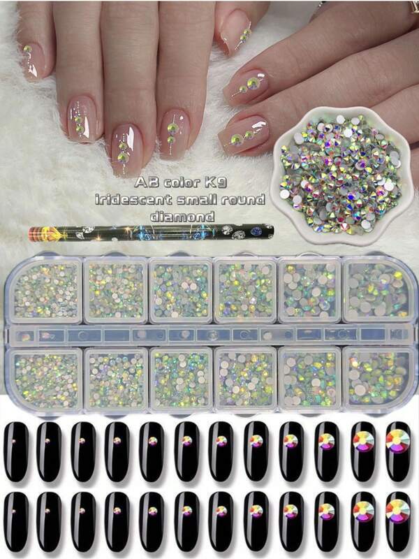 KIRAME KIRAME 12 Grids AB Flat Bottom Rhinestone Nail Art Decoration Kit With One Dotting Pen,DIY Nail Charms Nail Gems,Nails Salon,Nail Supplies,Halloween,Nail Suppliers, Christmas Nails, New Year,Festival Gifts