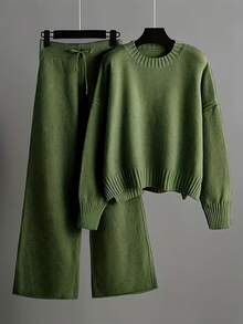 Ladies' Early Autumn New Sweater Fashion Two-Piece Set: Unique Pattern Round Neck Drop Shoulder Long Sleeve Pullover + Straight Wide Leg Pants Combination, Loose And Casual Series - màu xanh lá - Xem 1