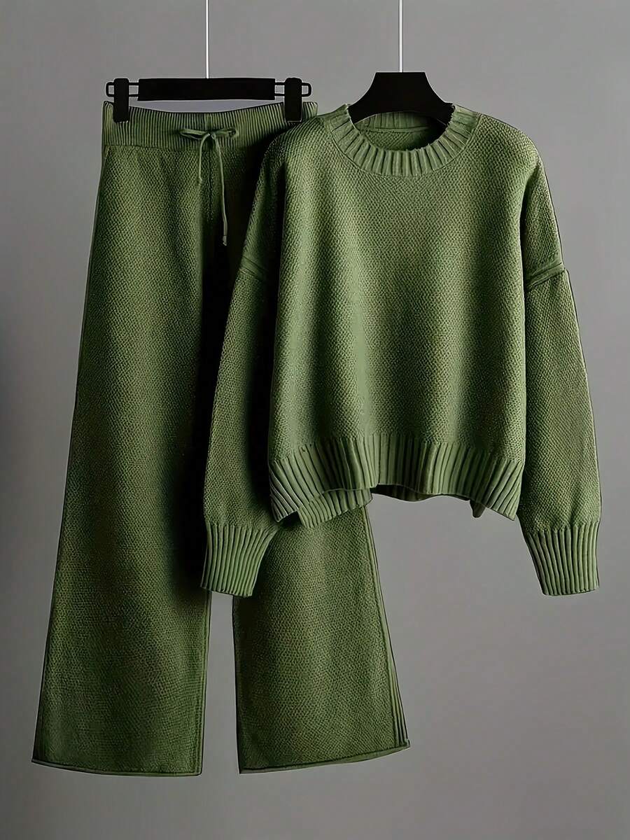 Ladies' Early Autumn New Sweater Fashion Two-Piece Set: Unique Pattern Round Neck Drop Shoulder Long Sleeve Pullover + Straight Wide Leg Pants Combination, Loose And Casual Series - màu xanh lá - Xem 1