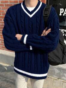 1pc V-Neck Sweater, Casual & Fashionable College Style For Teenage Boys, Autumn/Winter