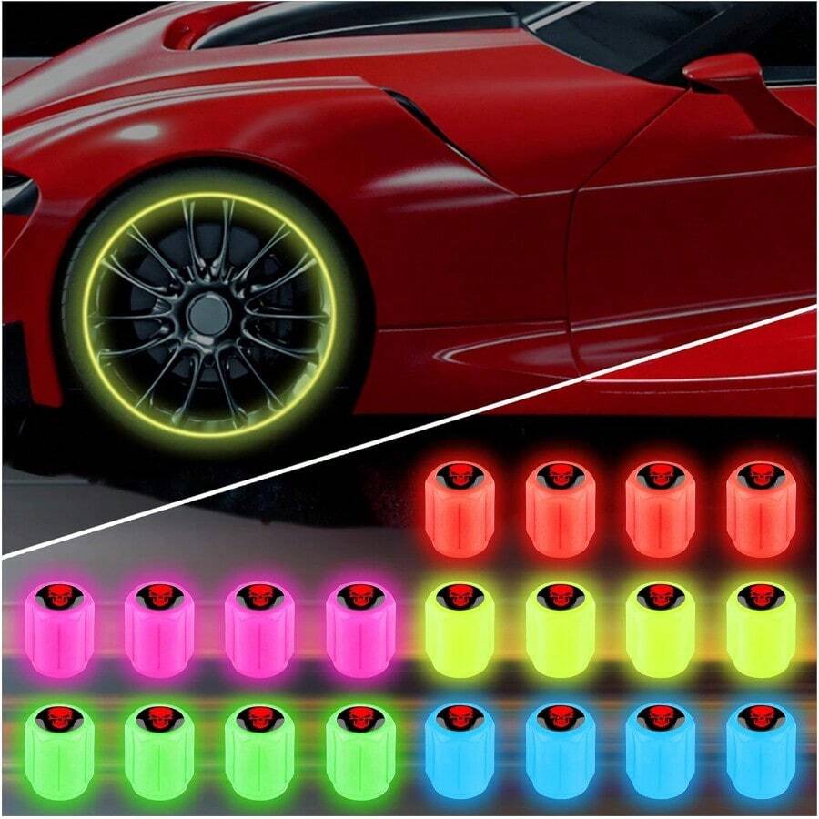 20PCS Fluorescent Tire Valve Stem CapsLuminous Auto Wheel Air Valve Cap Universal Decoration Accessories For Car/SUV/Bicycle/Trucks/Motorcycles Cool Car Gifts 20Pcs5 Colors/Skull - 20個5色骷髏頭 - 查看 1