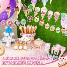 D64 Pcs Party Decorations Includes 8 Pack Ice Cream Party Banner Donut Theme Lolli Cupcakes Banner Hanging Donut Garland Kit For Grow Up Birthday Party Plies - 如圖所示 - 查看 4