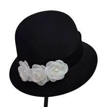 Sombrero cloché de lana para mujer, elegante, de color liso, con cinturón floral y diseño tipo pescador, ideal para fiestas y ocasiones especiales. - Negro - Ver 6
